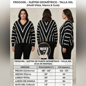 Black & White Geometric V-Neck Sweater - Plus Size XXL